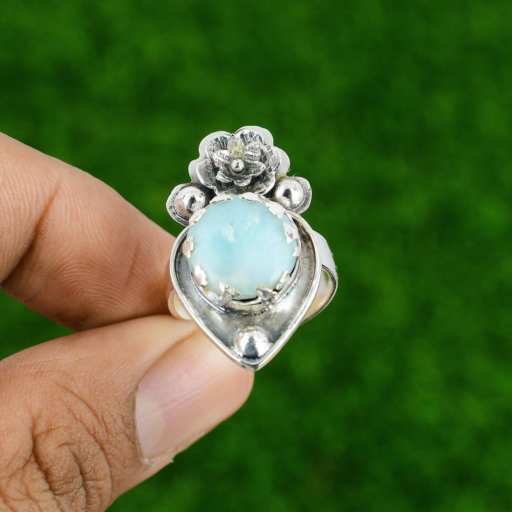Gift For Her 925 Silver Natural Larimar Gemstone Promise Flower Adjustable Ring
