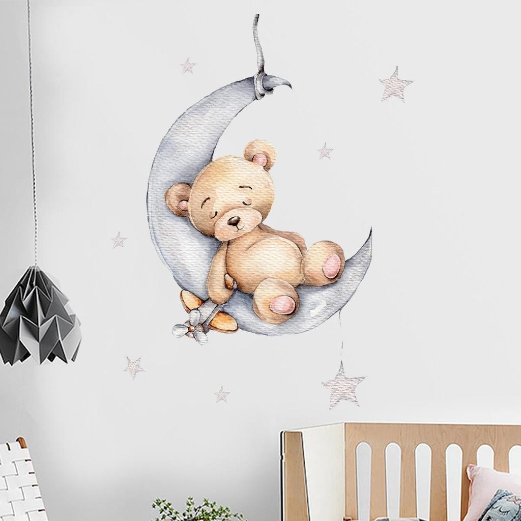 Наклейки на стену с мультяшным медведем, спящим на Луне и звездах, для детской комнаты, украшение для детской комнаты, наклейки на стены, интерьер комнаты