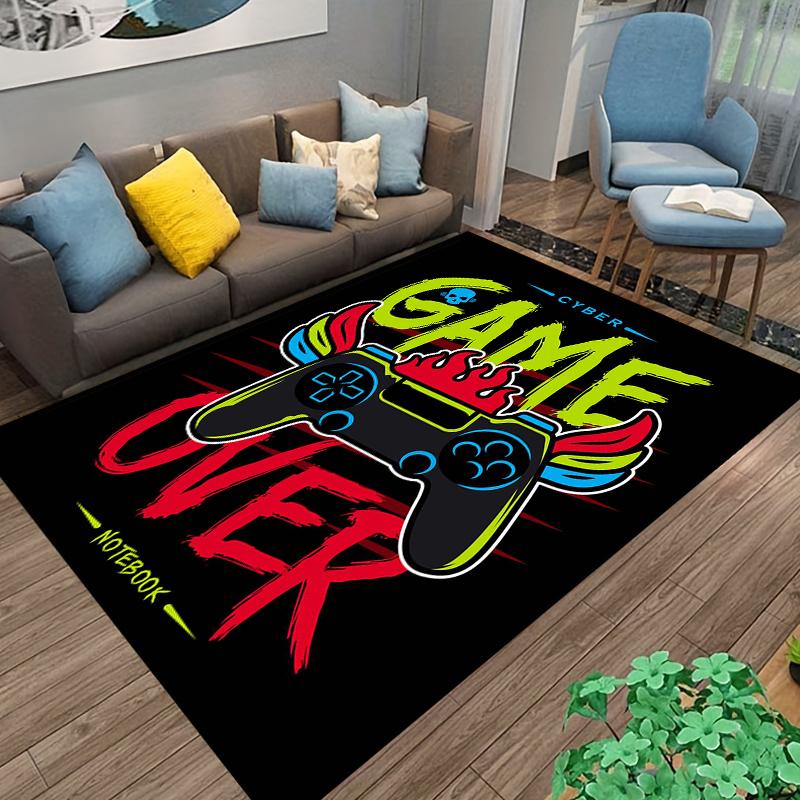 Gaming Pattern Carpet with "Game Over" Controller Design, Black Style Suitable for use as an anti-slip for living room bedroom sofas