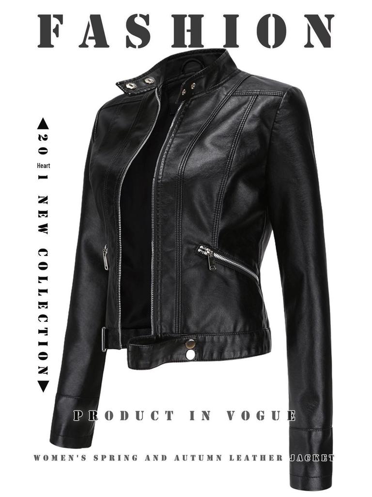 Женская кожаная куртка со стойкой воротником 2021 года - Короткая, легкая и идеальная для весны/осени