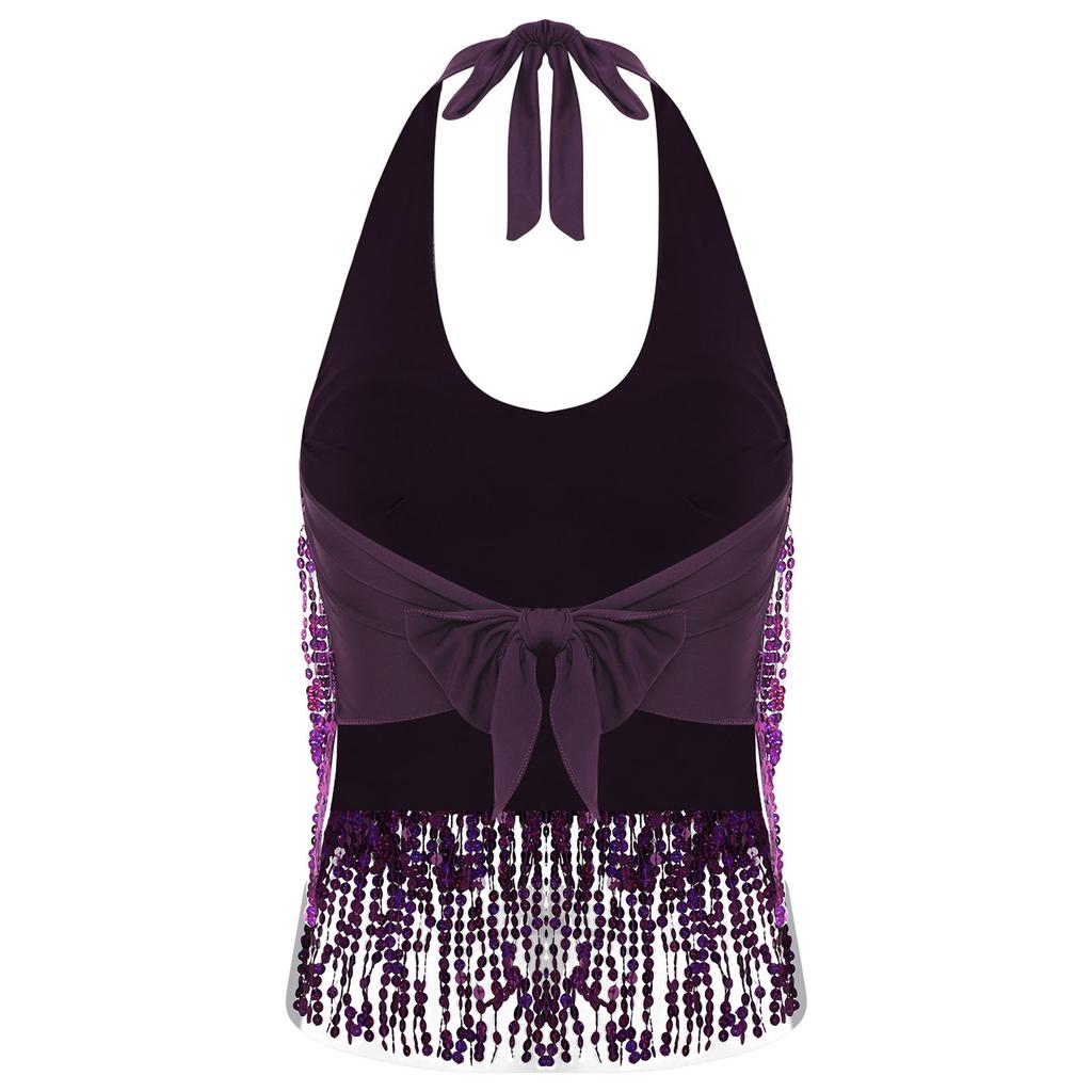 Основной топ для тренировок танцовщиц живота: Поддерживающий кроп-топ с halter-завязками, пайетками, шнуровкой на спине и деталями-кисточками