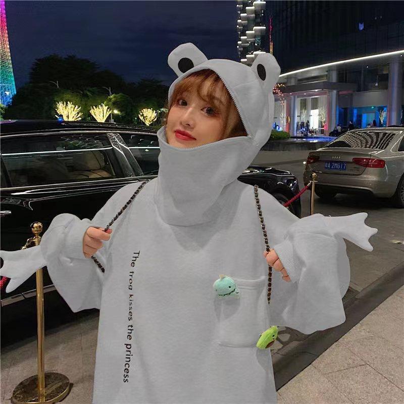 Осенне-зимние пары модный свитер с капюшоном в виде лягушки из утолщенного бархата