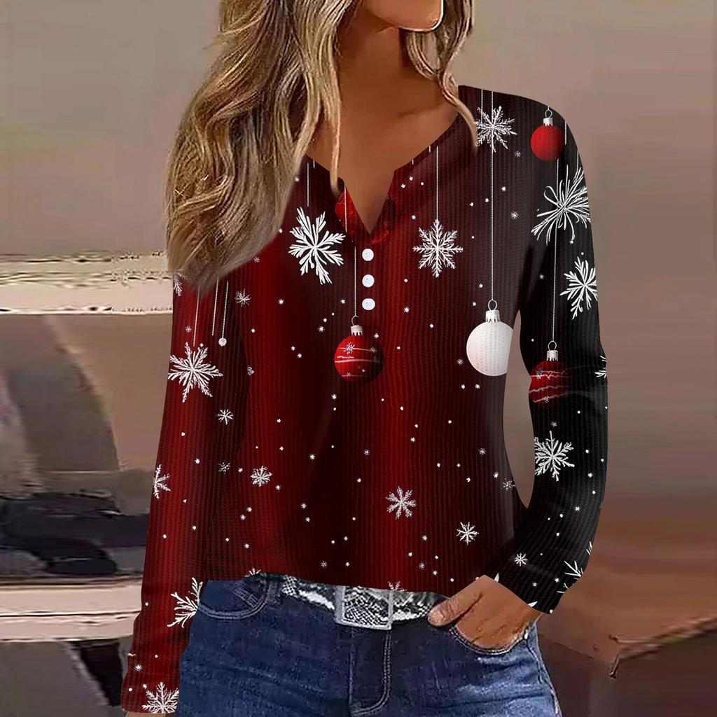 Women's T Shirt Tee  Print Button Long Sleeve Knit Sweater Daily Weekend Fashion Basic V- Neck Regular Top