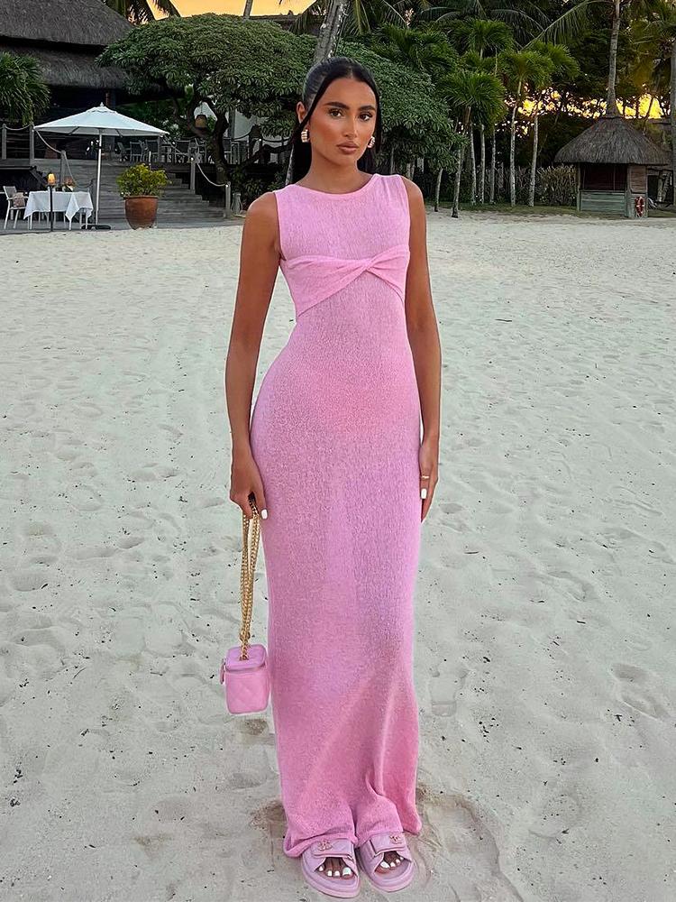 EDOLYNSA Sexy Elegant Solid Color Knit Sleeveless See Through Long Dress 2024 Women's Summer Seaside Beachwear Swimwear Cover Up A2857
