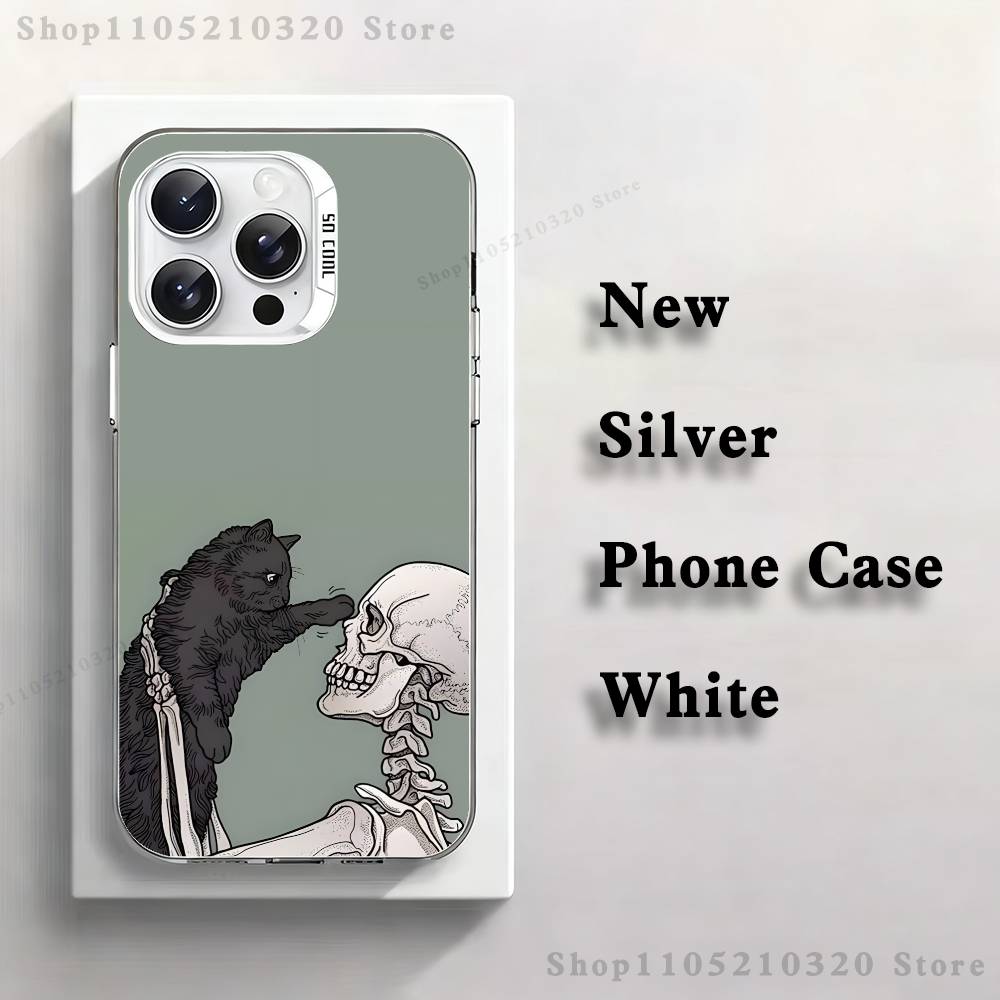 Skeleton Cat Painted Phone Case For iPhone 17,16,15,14,13,12,11,Pro,XS,Max,Plus,Mini,SE4,E white Matte Shockproof Cover