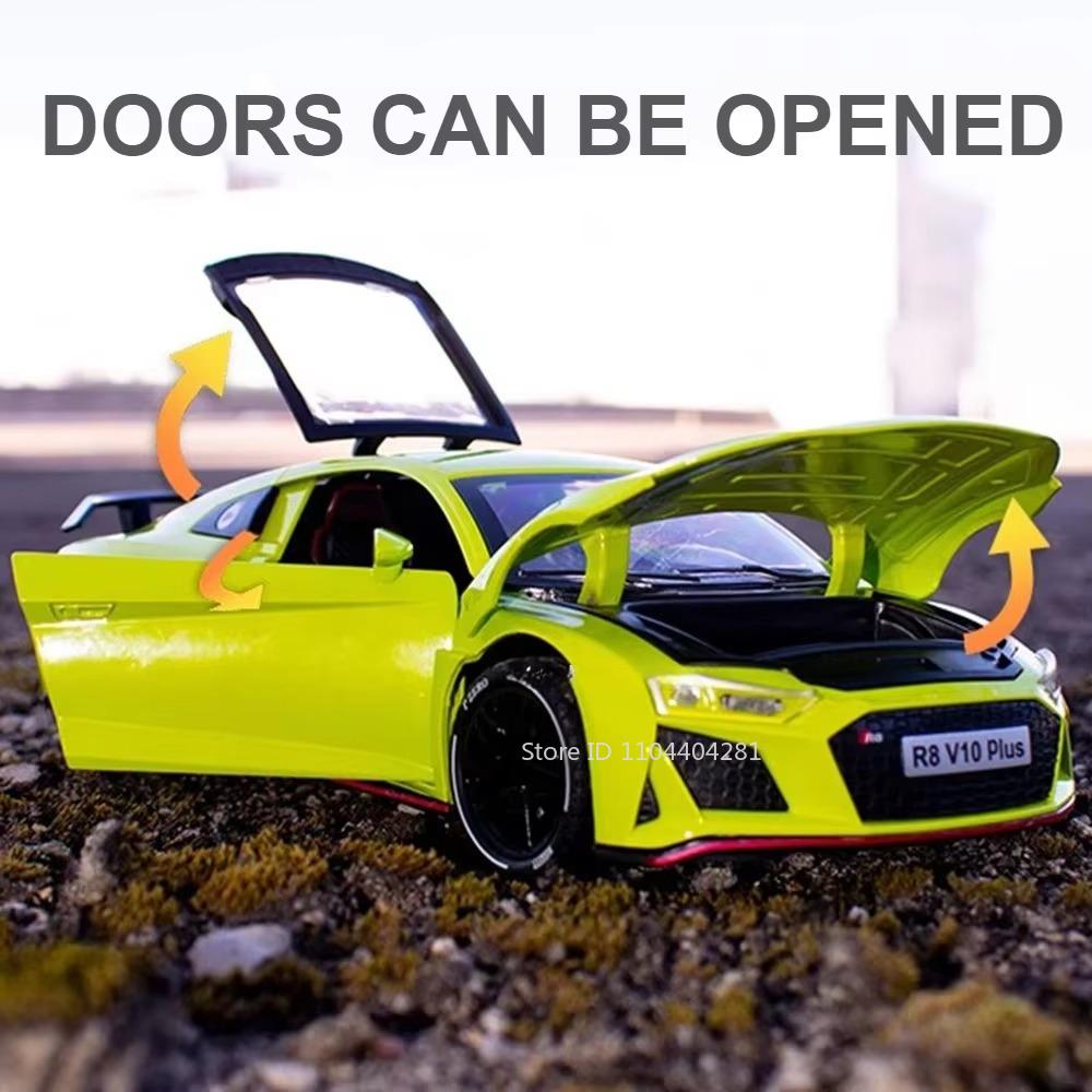 1:24 R8 V10 Plus Rs7 Модель автомобиля Литой сплав Игрушки 4 двери открываются Со звуком и светом Откатные Миниатюрные автомобили Мода Домашний декор