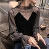 Velvet Top Women Spring Autumn Blouse Lace Glitter Thread Mesh Base Layer Shirt