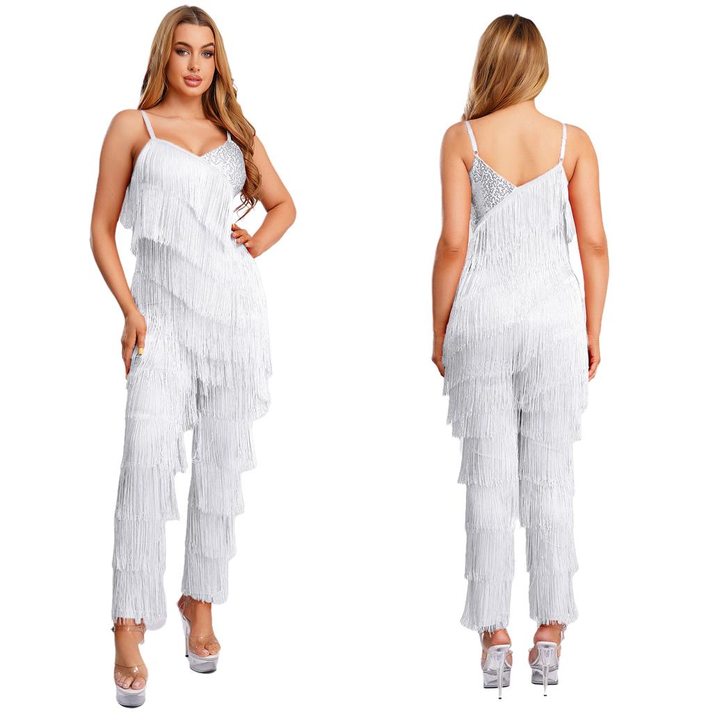 S-XXL Women‘s Latin Dance Fringe Jumpsuit Sparkly Sequin Tassel Layered Cami Romper Long Pants Bodysuit for Cha-Cha Tango Salsa