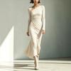 European and American autumn new temperament pleated solid color long-sleeved long dress
