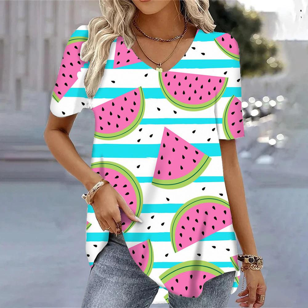 Женские футболки с v-образным вырезом и 3D принтом арбуза, летние крутые топы с короткими рукавами, модные повседневные свободные пуловеры, женские футболки