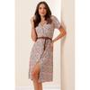 Front Buttoned Belt Floral Leaf Patterned Seeer Dress