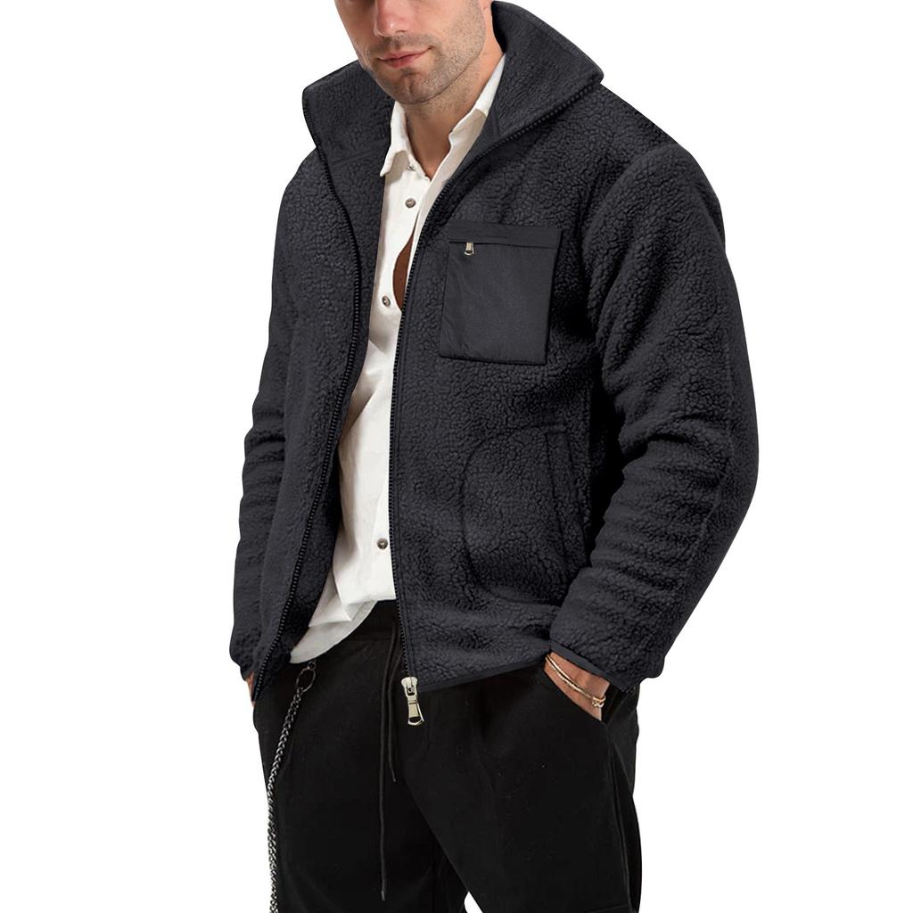 Men's Winter Solid Color Zipper Stand Collar Jacket Men's Casual Fleece Jacket