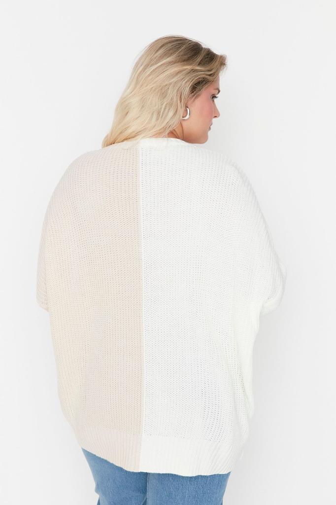 Женский стиль, большие размеры, бежевый трикотажный свитер с v-образным вырезом и контрастными цветами