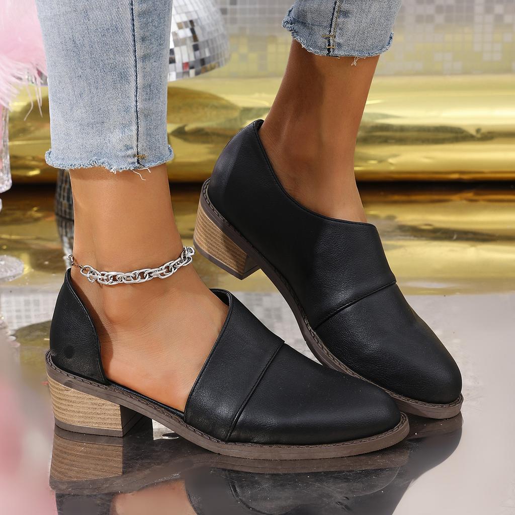 Fashion Women's Chic Pointed Toe Low Top Chunky Heel Shoes Side Cut Out Design Oxford Shoes Casual Open-toe Low-heeled Leather Shoes