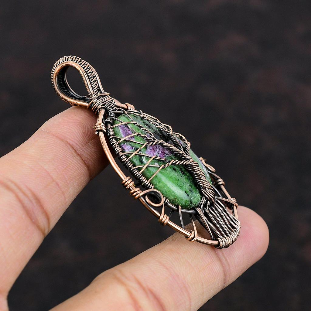 Кулон Древо Жизни из меди с рубином и цоизитом, обмотанный медной проволокой, украшение ручной работы, кулон с драгоценным камнем, красивые медные украшения, свадебный подарок