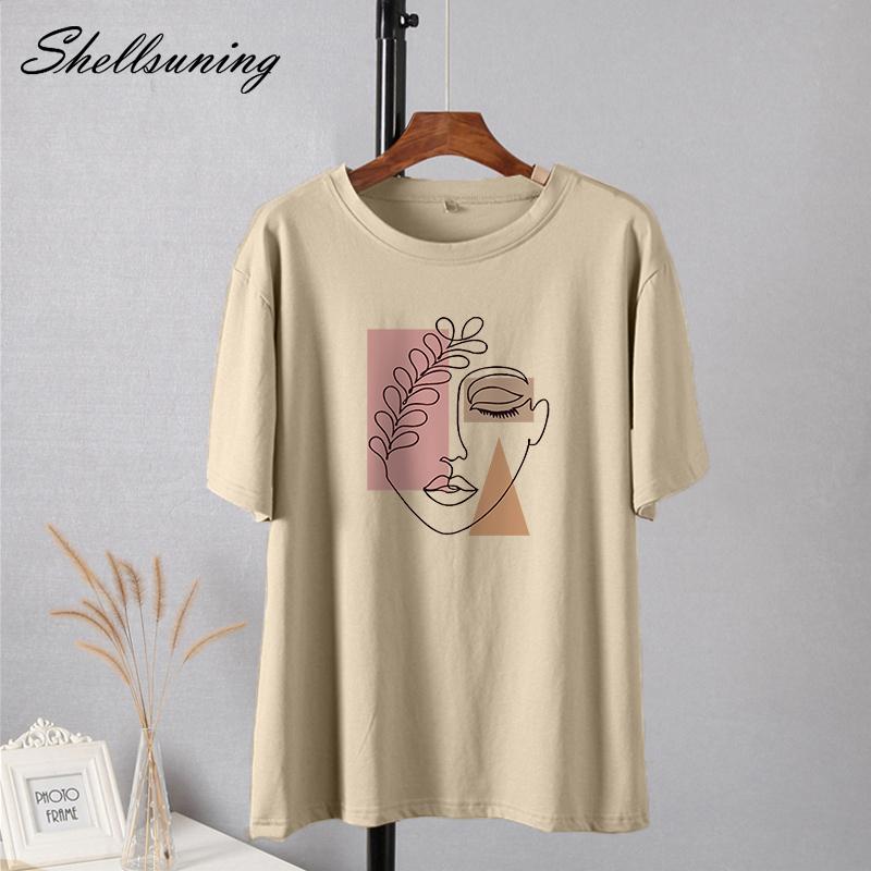 Shellsuning негабаритная футболка с эстетическим принтом для женщин, модная простая уличная одежда с короткими рукавами, мягкие футболки, женские топы из 100% хлопка, базовые художественные топы