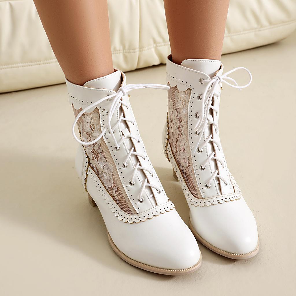 Women Mesh Boots Female Summer 2025 Leather Chunky Med Heels Shoes Size 48 Laciness Bandage Decor