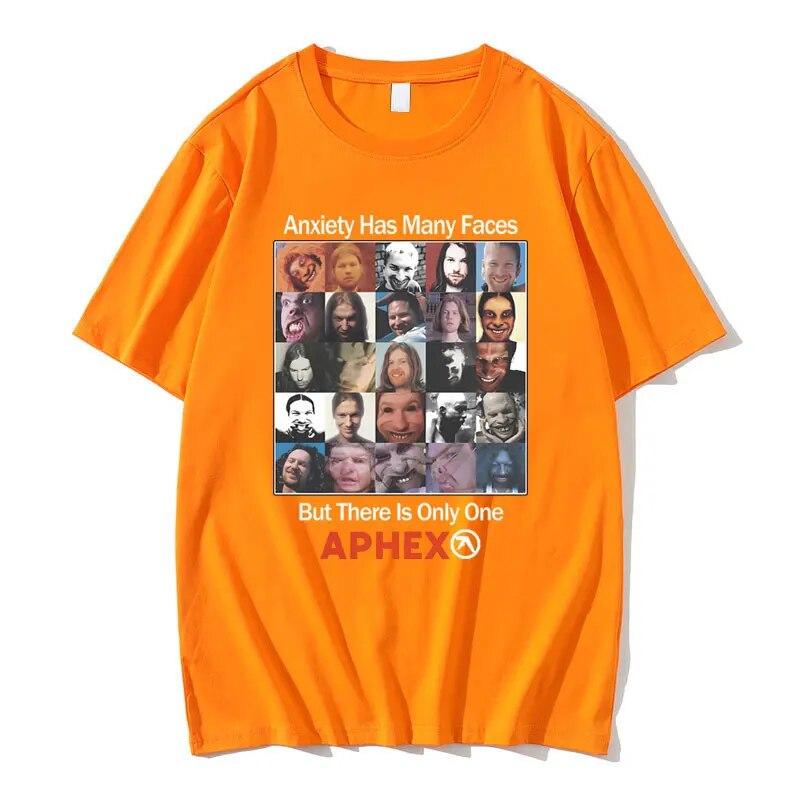 Британская электронная музыка Aphex Twin Anxiety имеет много лиц, но есть только одна футболка с рисунком APHEX, женская винтажная футболка унисекс