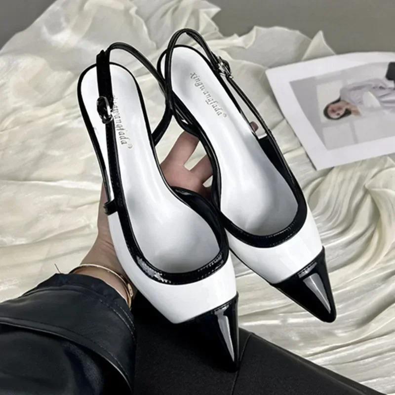 Designer Black White Color Low Heeled Sandals Women Sexy Pointed Toe Slingbacks Chunky High Heels Women Elegant Heels