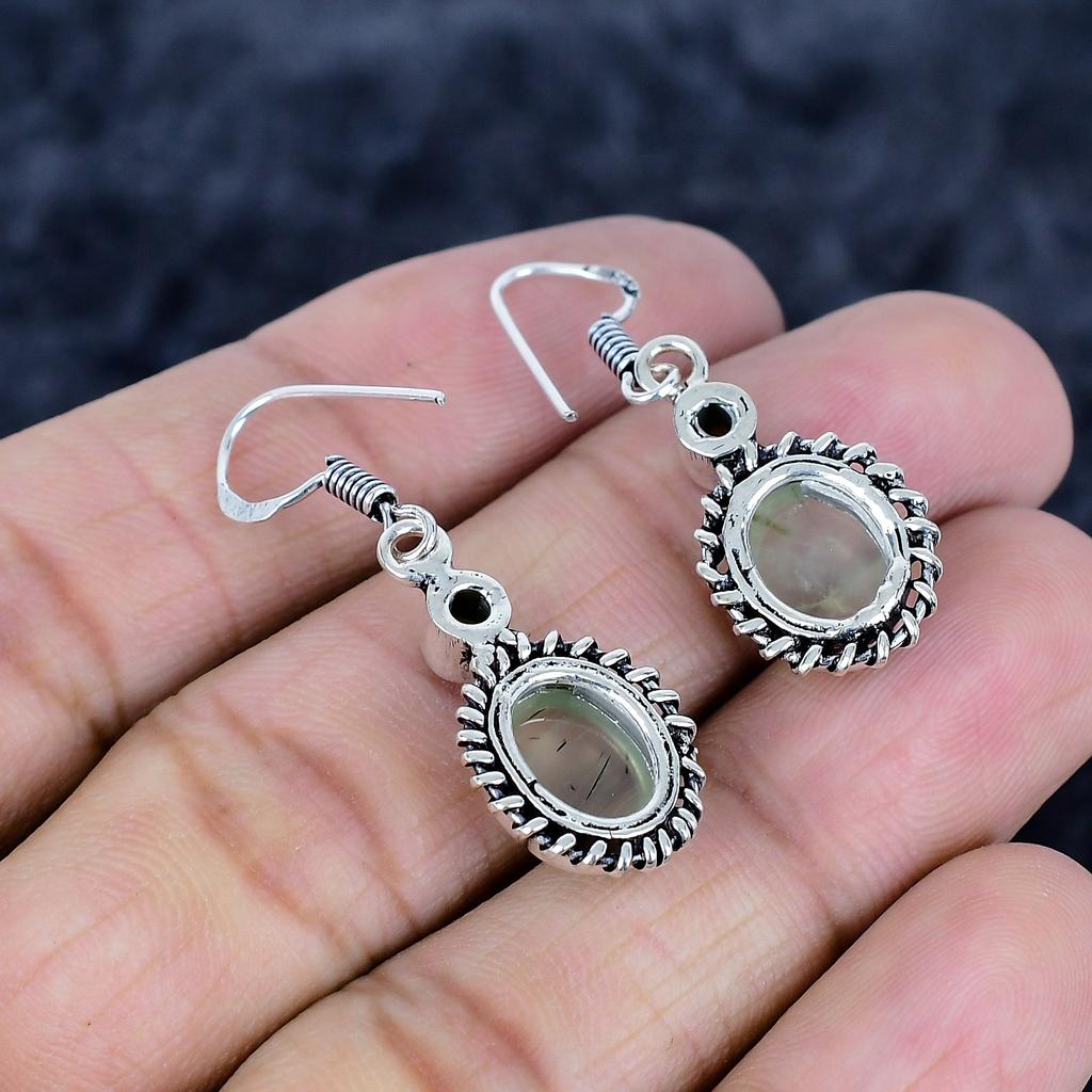Prehnite, Peridot Gemstone 925 Sterling Silver Jewelry Earring 1.58" MM-3465