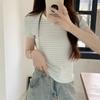 Blue and White Striped Right Shoulder Short-sleeved T-shirt for Women In Summer, Chic Slim Fit Pure Cotton Basic Style with T-shirt Base Layer Top
