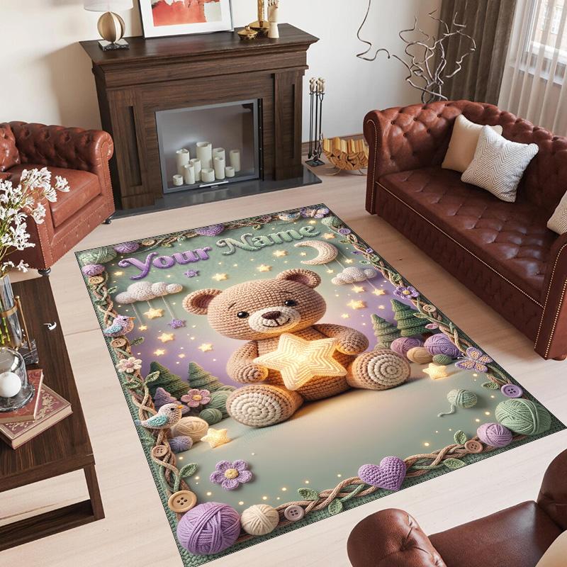 Teddy Bear Theme Crystal Velvet Rug Personalized Custom Name Text Soft Floor Mat Home Decor