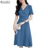 Ayollar Kundalik V-bo'yin Bir Rangli Qisqa Yengli Elegant Ko'ylak