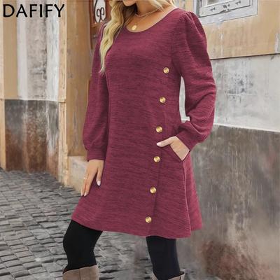 Женская мода весна осень однотонный принт длинный рукав О-образный вырез свободная талия повседневные платья