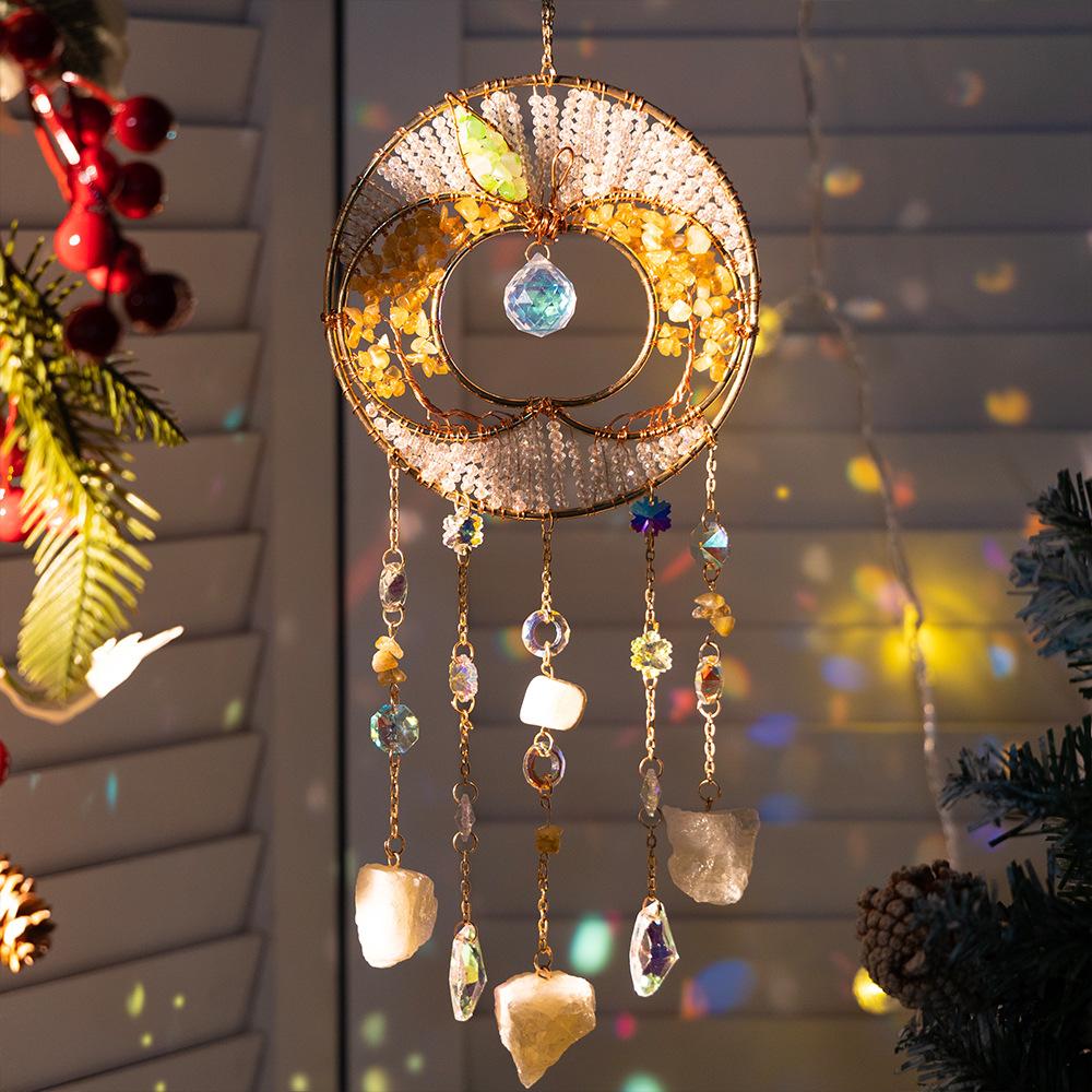 Hand-Woven Wind Chimes Life Tree Dream Crystal Wind Chime Crystal Stone Room Decoration Engraving Christmas