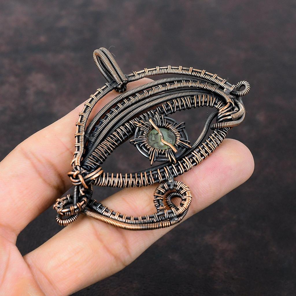 Подвеска Аквамарин Глаз Дьявола, обернутая медной проволокой, Ювелирное изделие ручной работы, Подвеска из натурального драгоценного камня, Медное украшение, Изящная подвеска, Подарок для него