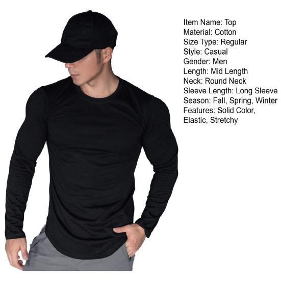 Весна Осень Мужской Топ Круглый Вырез Slim Fit Эластичный Средней Длины Футболка Длинные Рукава Пуловер Толстовка Для Дома Спортивный Тренажерный Зал Уличная Одежда