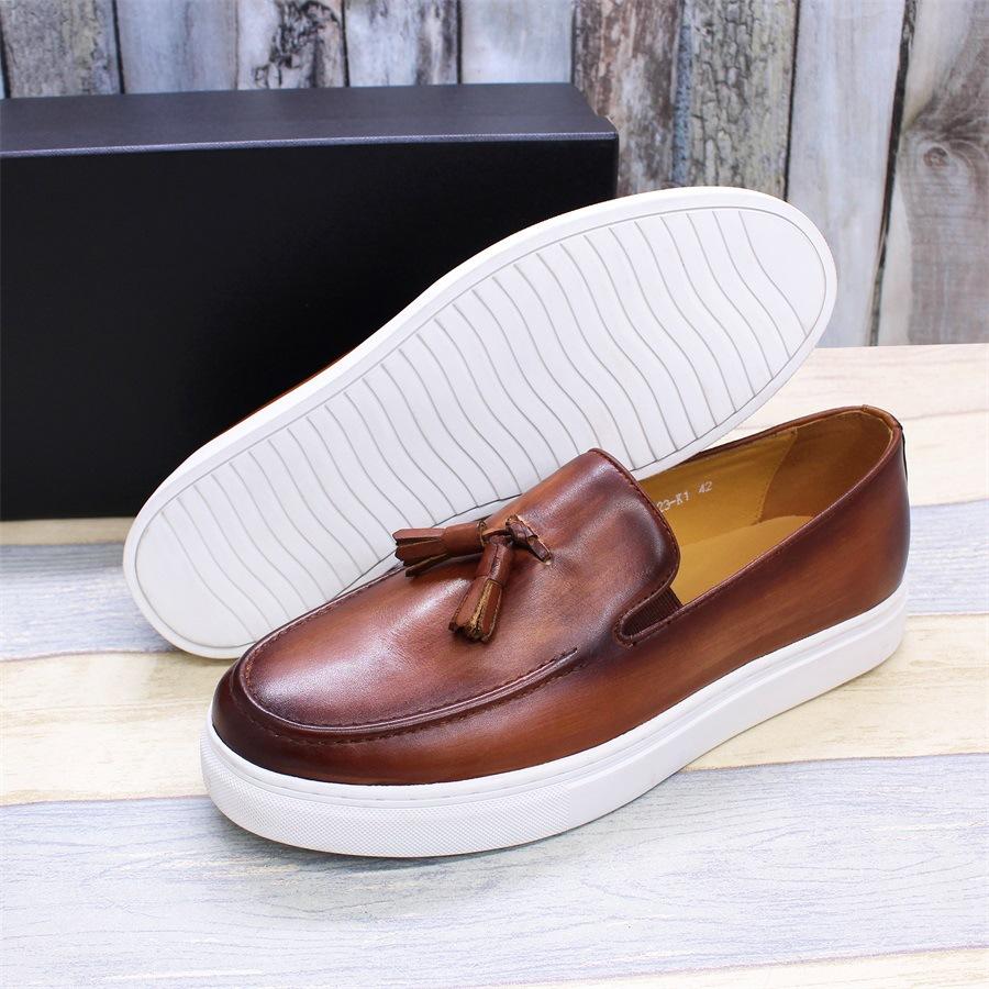 High-End Men'S Fringed Loafers Cowhide Leather Casual Single Shoes Men'S Summer Breathable One-Pedal Brown Leather Shoes Men
