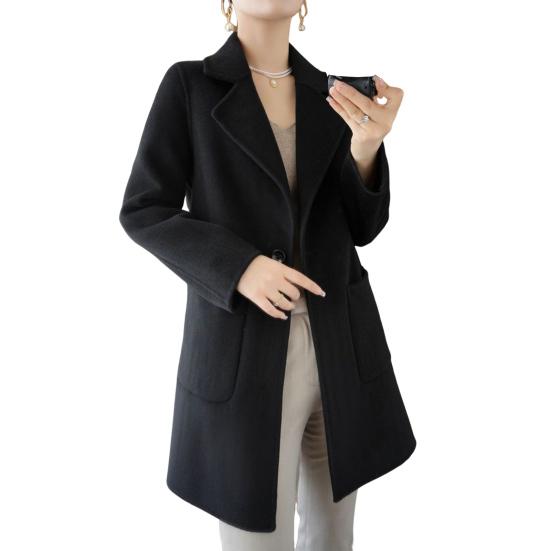Женская куртка с двойными карманами, лацканами, однотонное шерстяное пальто на одной пуговице, большой размер, свободное теплое с длинными рукавами, для поездок на работу и свиданий, весна-осень
