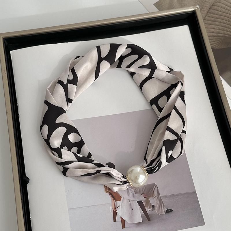 Silk Scarf Long Strip High-end Spring and Summer New Versatile Pearl Necklace Neck Chain Scarf Magnetic Buckle Silk Scarf