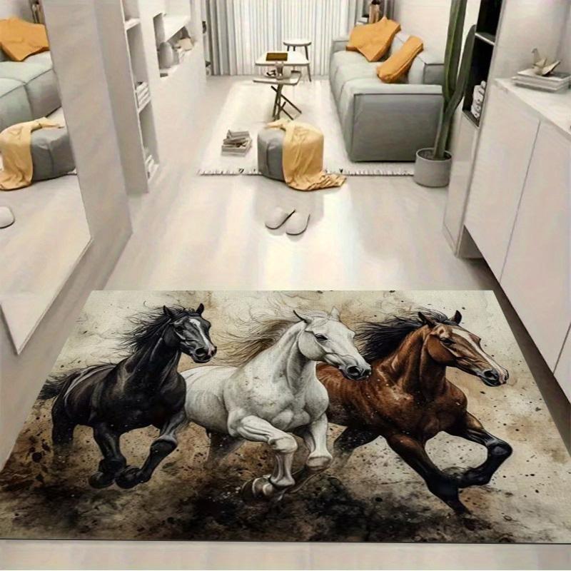 Three Running Black White Brown Horses Vintage Grunge Print Area Rug Wildlife Animal Non Slip Rectangular Floor Mat Horse Lover Gaming Room Decor Rug