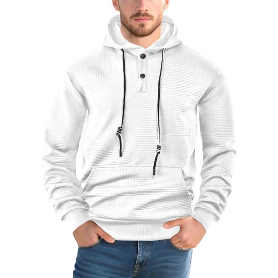 Men Hoodie Jacquard Texture Hooded Drawstring Long Sleeve Pullover Tops with Front Pocket Solid Color Spring Autumn Tops