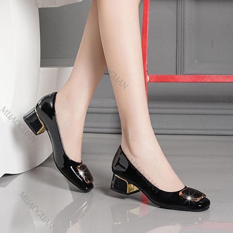 Модная женская обувь на плоской подошве 2025 весна-осень новая с мелким вырезом на толстом среднем каблуке рабочая женская обувь с круглым носком кожаные туфли-лодочки