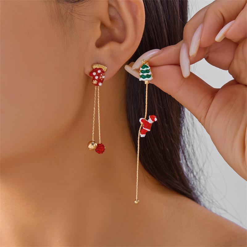 Moving Santa Claus Tassel Dangle Earrings For Women Christmas Tree Asymmetric Long Chain Gift