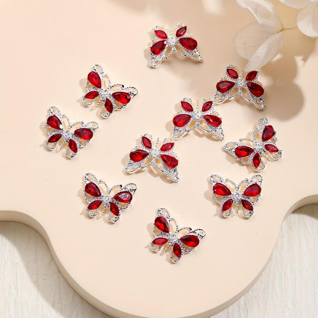 10 шт., подвески для дизайна ногтей в виде бабочки со стразами, аксессуары для ногтей в форме бабочки из 3D-сплава, ювелирные изделия для дизайна ногтей
