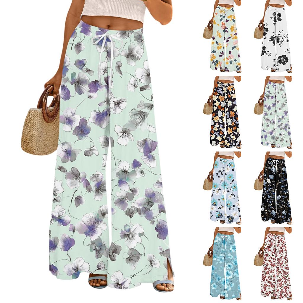Women's Casual Wide Leg Pants Stretch Belt Pocket Floral Print Adjustable Tie Pants