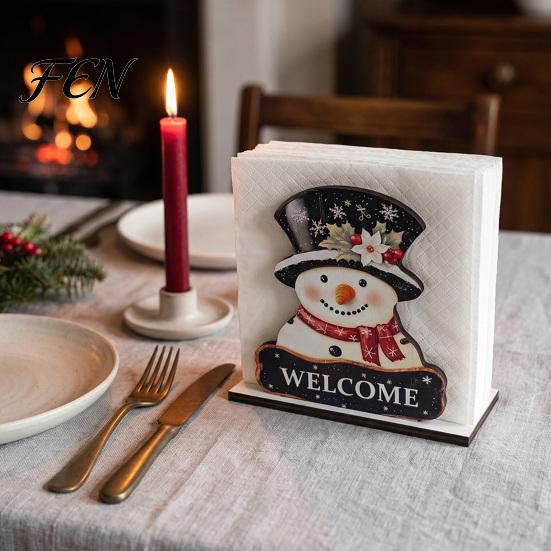 Wooden Napkin Dispenser for Kitchen Christmas Theme Holder, Decorative Holiday Paper Towel Stand, Home Table Decor HD UV Printing Organizer