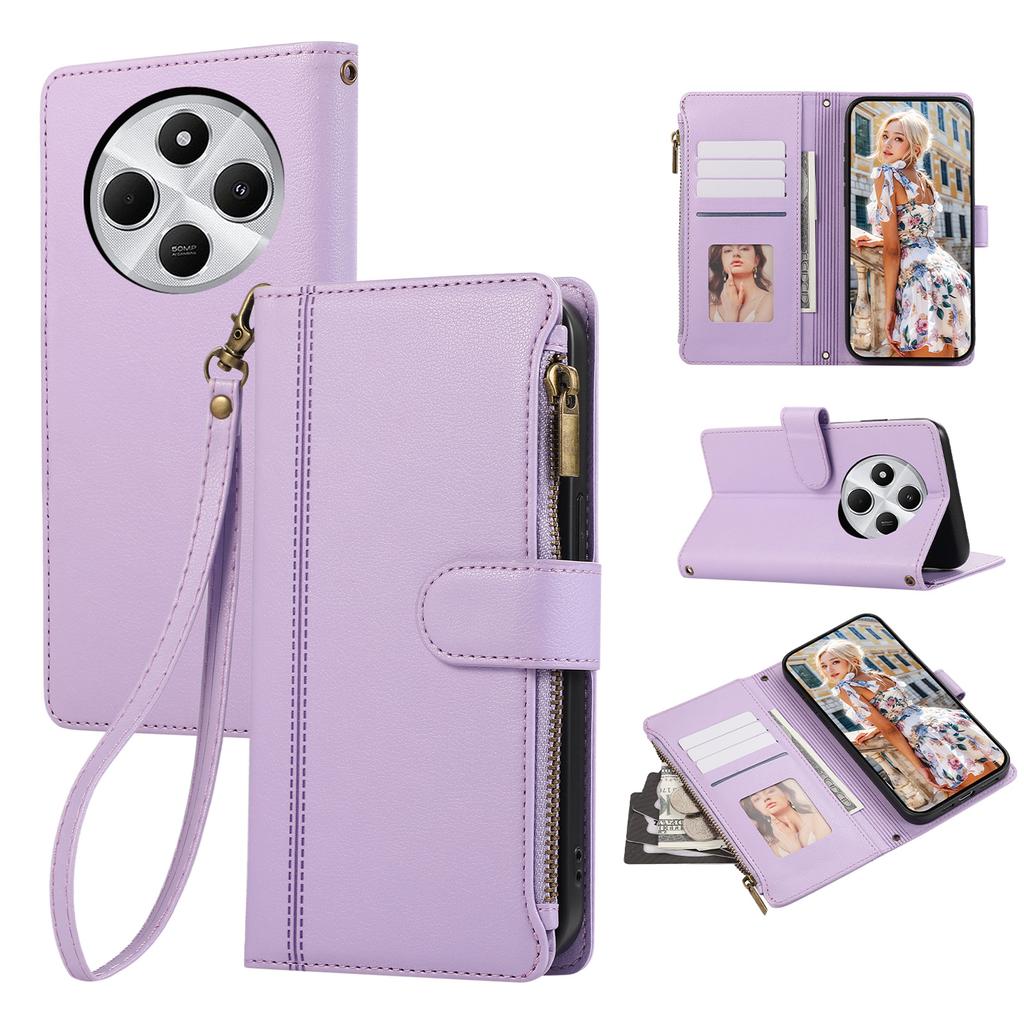 Leather Phone Cover For Xiaomi Redmi 14C 4G/A3 Pro 4G/A4 5G/14R 5G/Poco C75 4G/Poco M7 5G Multi Card Slots Zipper with Wrist Strap