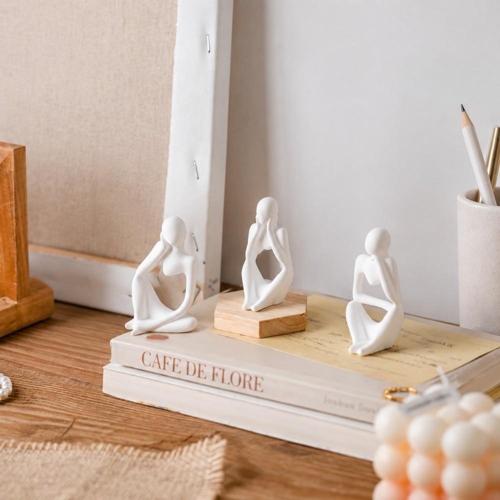 3pcs White Thinker Statue Lightweight Art Collectible Creative Abstract Sculpture Living Room Decor