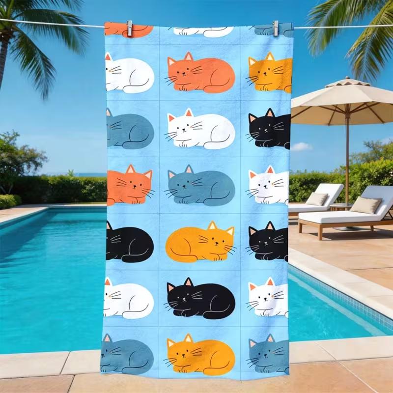 Cute Colorful Cartoon Cat Beach Towel Soft Quick Dry Sandproof Towel Lovely Pet Print Summer Beach Vacation