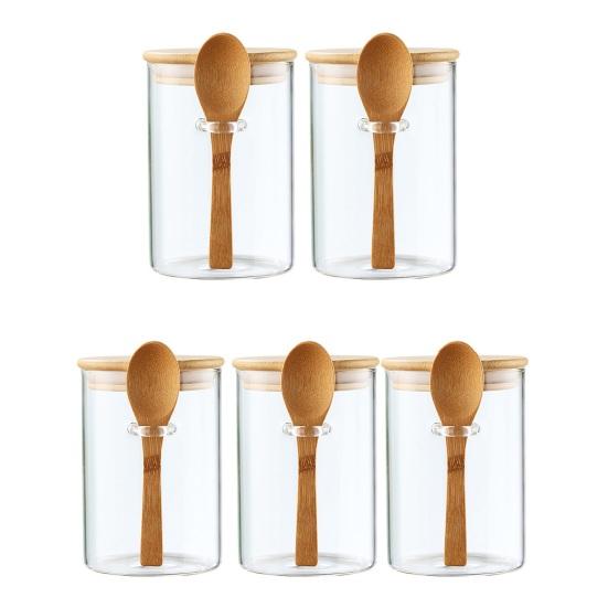Glass Sealed Jar Transparent Glass Canister with Spoon Wooden Lid Food Storage Jar for Coffee Beans Spice Kitchen Supplies
