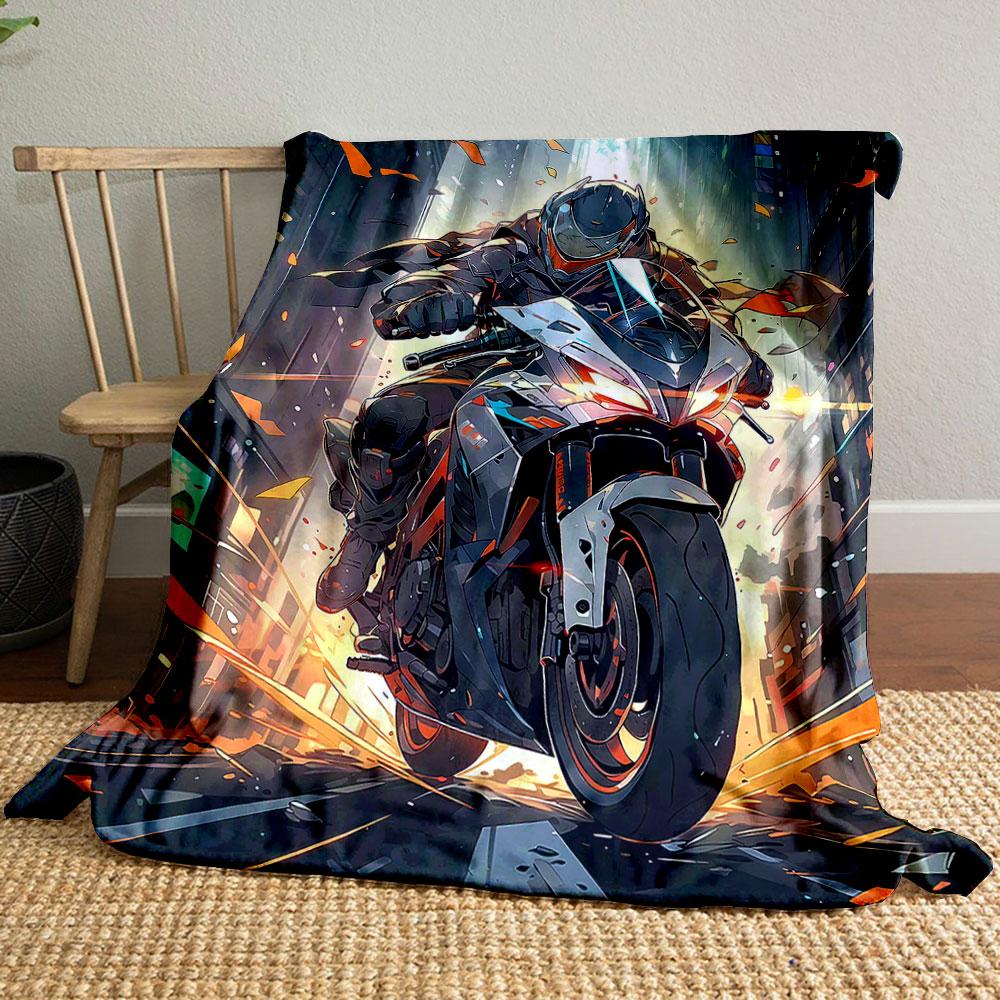 "Futuristic Rider on Speeding Bike" Patterned blanket, flannel, suitable for all seasons, home decor, warm and cozy