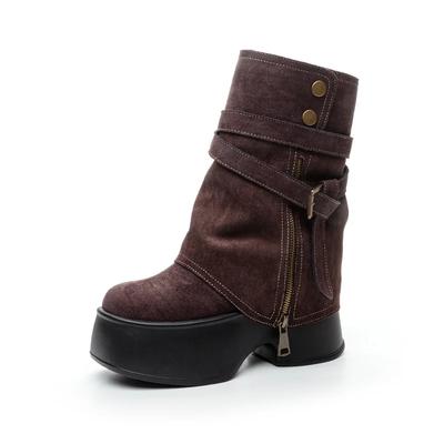 Мода 11см Замша Коровья Натуральная Кожа Весна Платформа Танкетка Балетки Женщины Осень Британский Мотоциклетный Модный ZIP Ботильоны Обувь