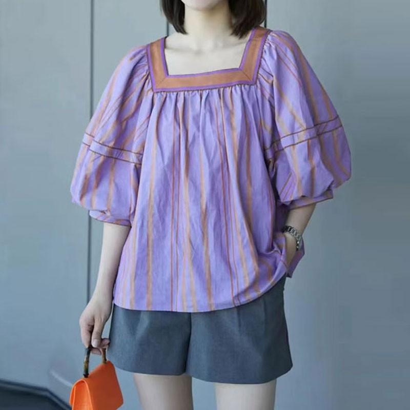 Mall 1116 Women's Summer New Versatile Fashion Bubble Sleeve One-Neck Shirt 1111617