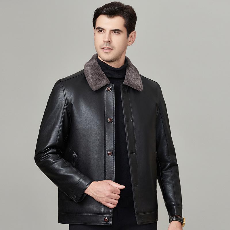 Genuine Leather Jacket for Men with Velvet and Thickened Sheep Fur One-piece Daddy Lapel Leather Jacket