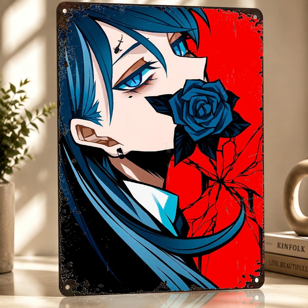 Anime Character With Blue Rose Metal Poster Perfect Gift for Fans Lovers Customized Wall Art Metal Sign for Bedroom Stuff Decor